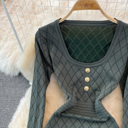 Long sleeve sexy personalized square neck knitted bag hip bottomed dress  3781