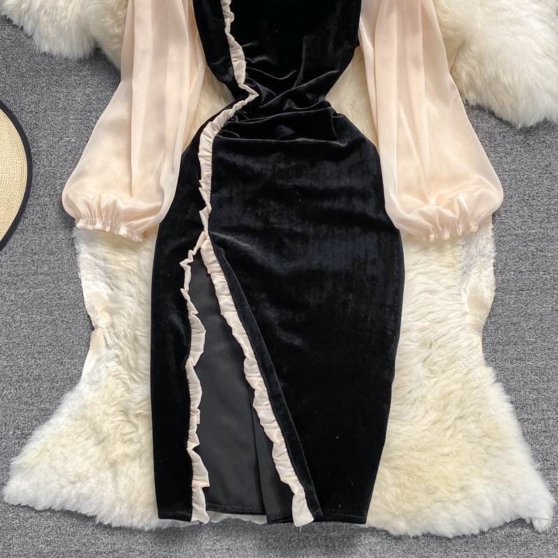 High waist slim square neck velvet dress  3765