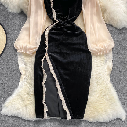 High waist slim square neck velvet dress  3765