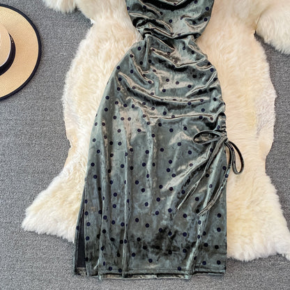 Velvet sexy swing neck long suspender drawstring split dress  3757