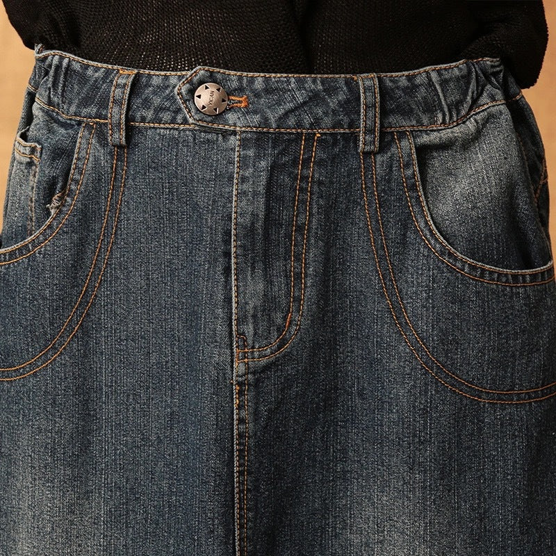 Spring and autumnart retroelastic half skirt denim skirt  3713