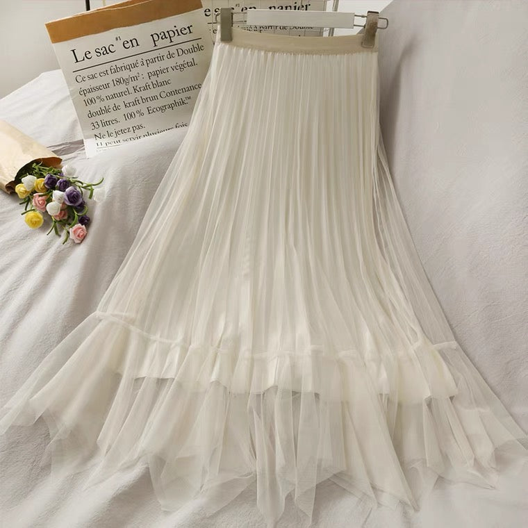 Vintage, glossy, high-waisted, mid-length skirt, spring/summer, A-line pleated skirt  3672