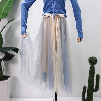 Super fairy, bow tie, high waist slim mesh bouffant skirt, color matching medium length skirt  3601