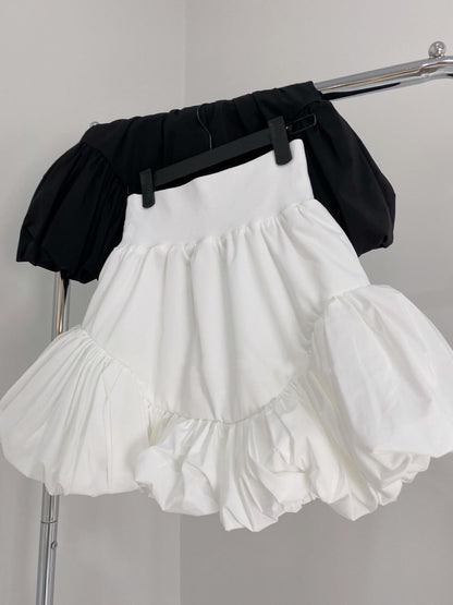 Splicing bubble flower bud cloud skirt, spring skirt, high waist A-line skirt  3666