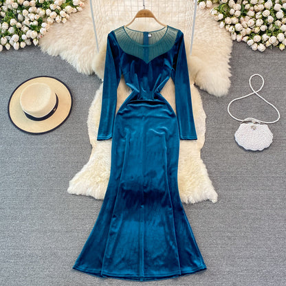 Long sleeve slim slim velvet fishtail buttock dress  3753