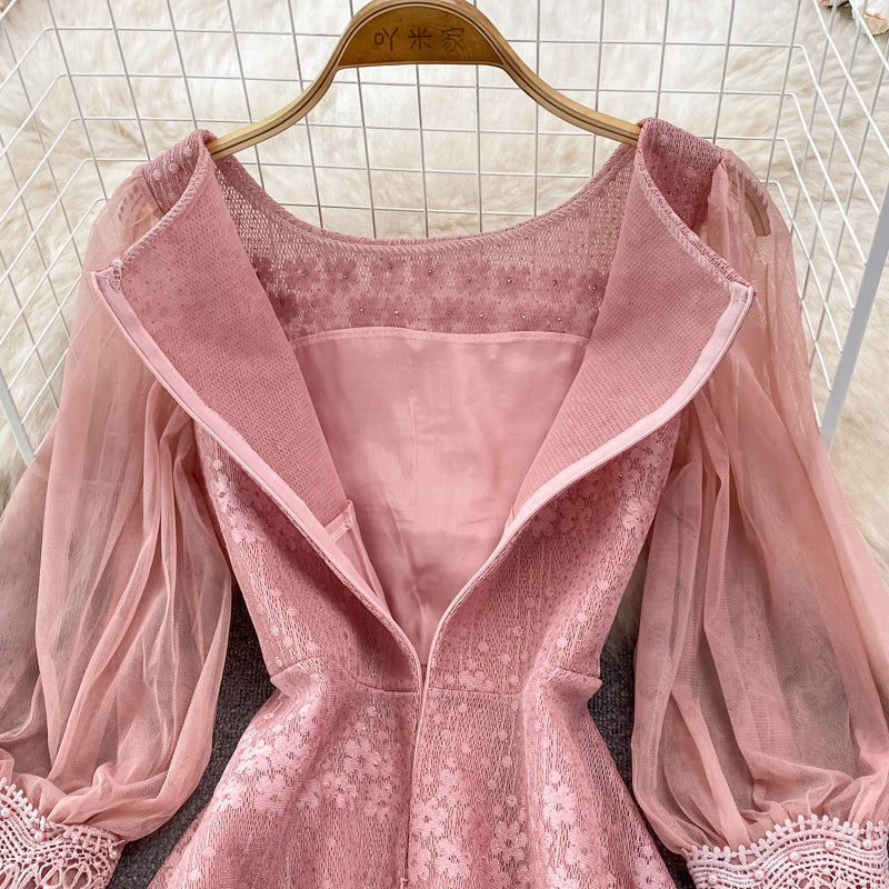 Chiffon stitched crew neck hollowed out embroidery lace dress  3776