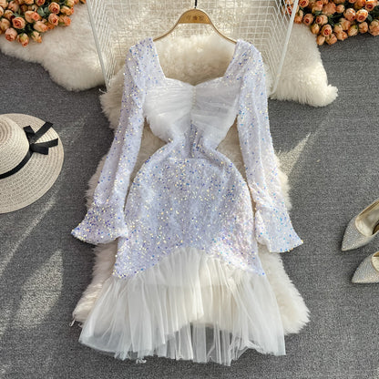 Mesh stitching sexy hip wrap fishtail dress  3744