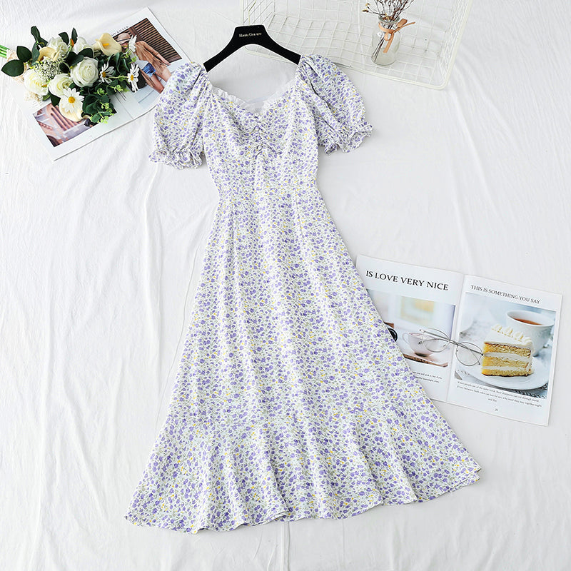 Line shoulder square neck bubble sleeve waist narrow skirt  3738