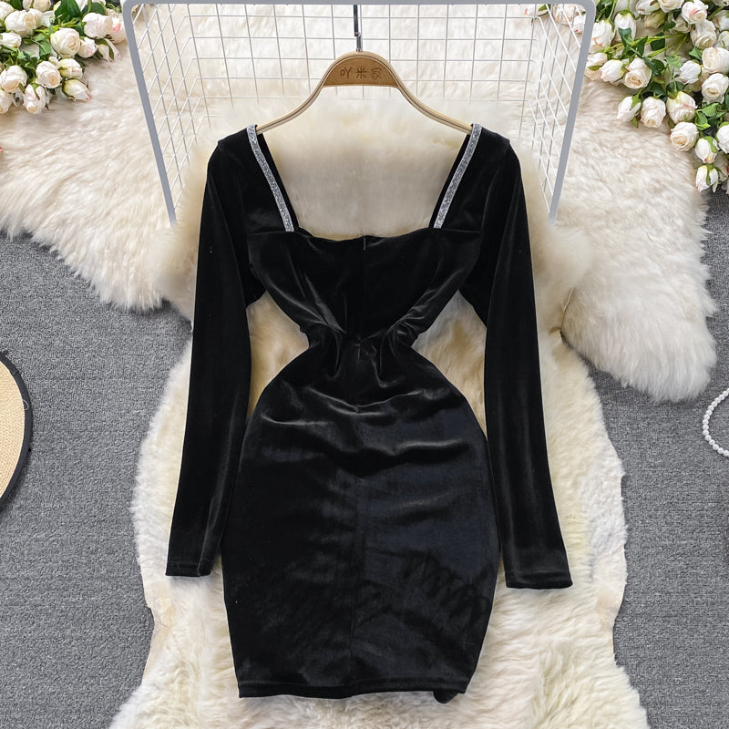 V-neck velvet with diamond waist slim sexy hip wrap dress  3742