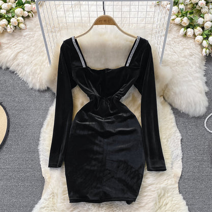 V-neck velvet with diamond waist slim sexy hip wrap dress  3742