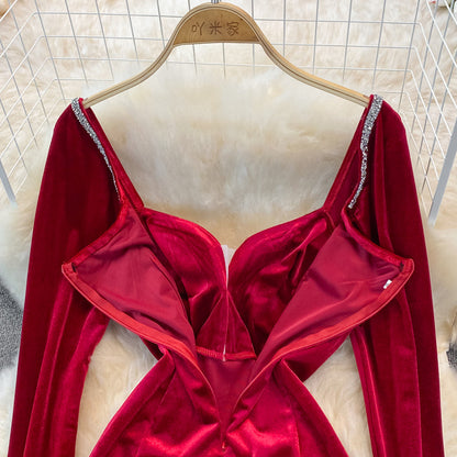 Velvet with diamond temperament, slim waist, sexy hip wrap dress  3750