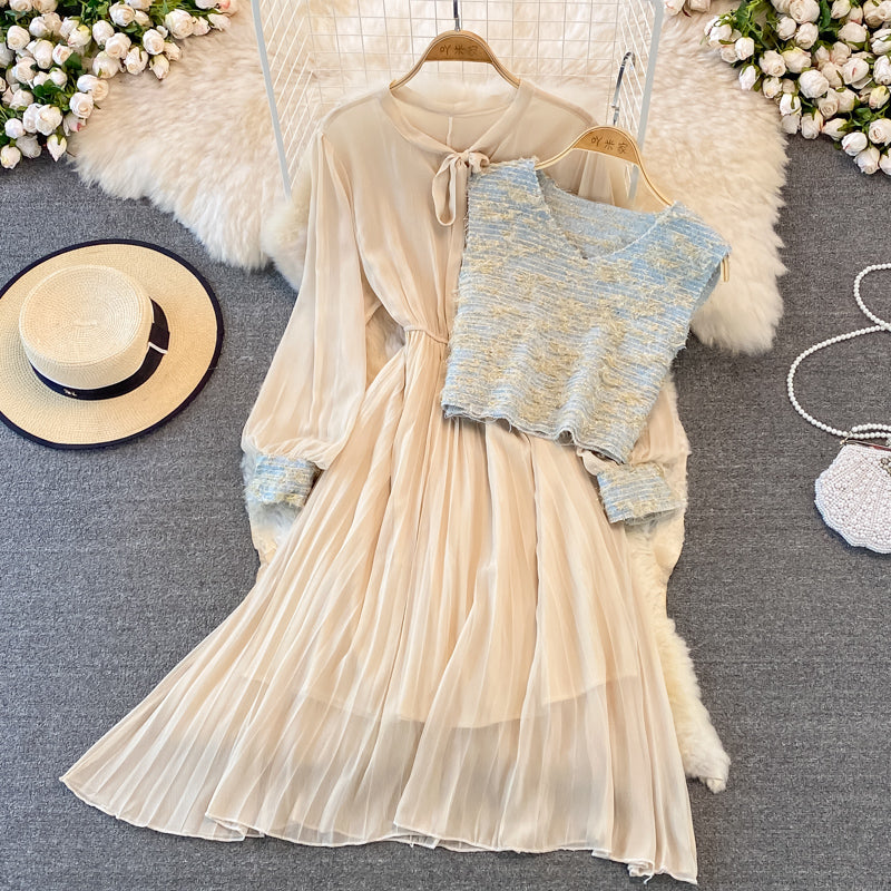 Small fragrance suit women's Vest pleated lace up bottomed skirt  3773