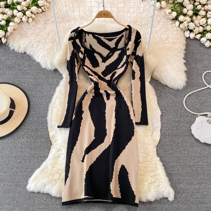 Zebra jacquard knitted square neck dress tight Hip Wrap Skirt  3760
