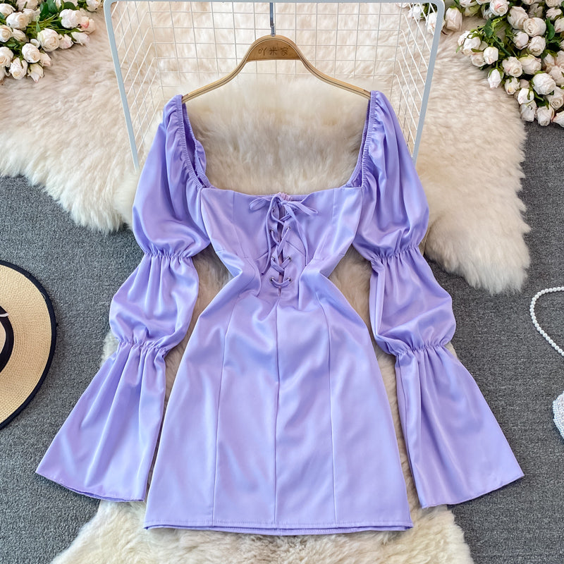 Bubble sleeve square neck high waist slim dress  3761