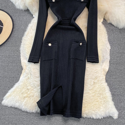 Gold button elastic tight medium length split bottomed buttock knit dress  3751