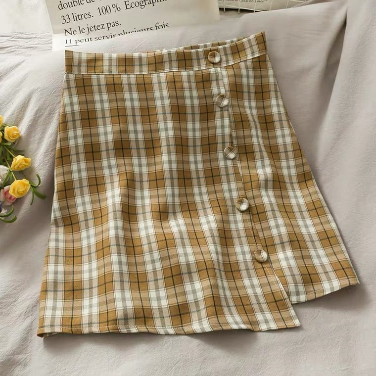 Literary, small and fresh, irregular breasted high waist A-line skirt, plaid skirt  3614