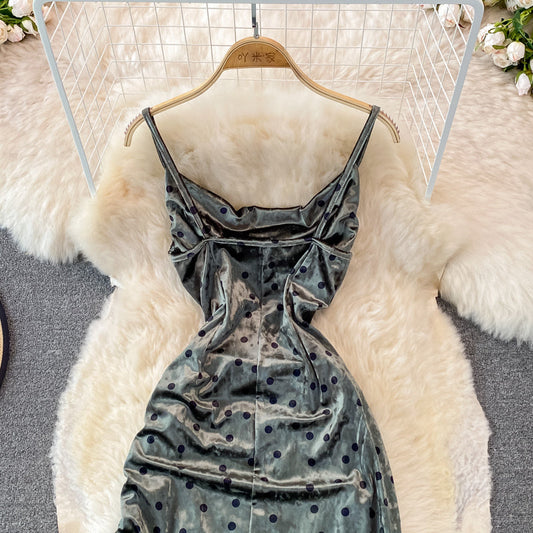 Velvet sexy swing neck long suspender drawstring split dress  3757