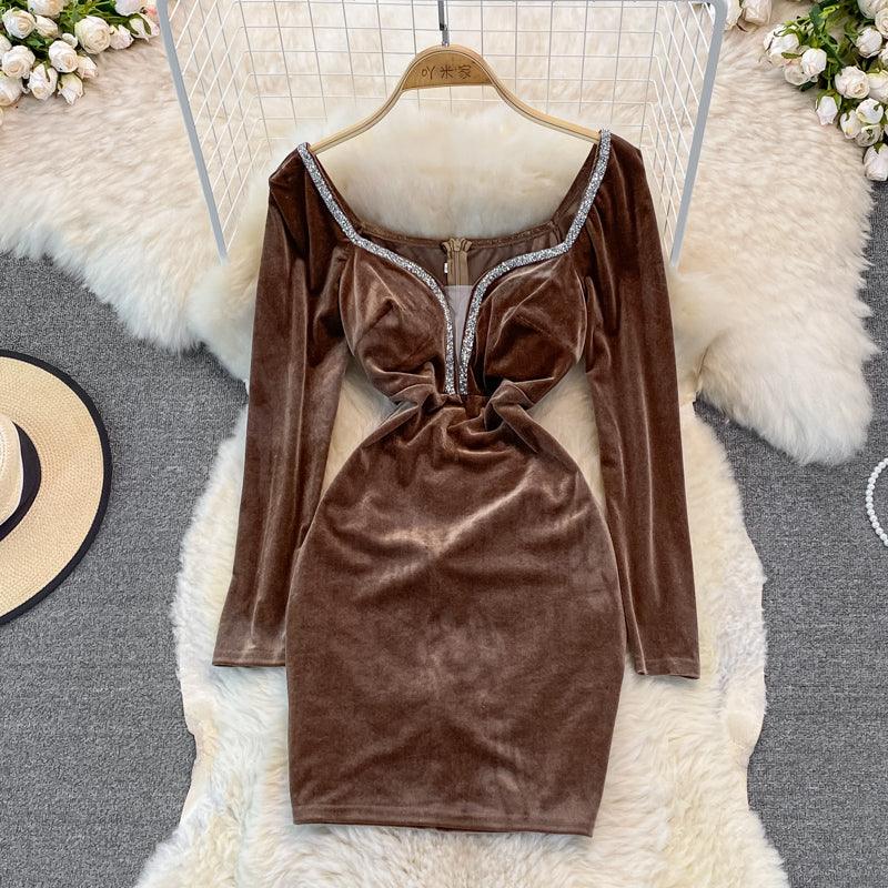 Velvet with diamond temperament, slim waist, sexy hip wrap dress  3750
