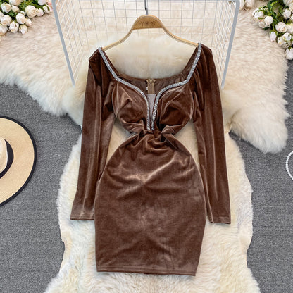 Velvet with diamond temperament, slim waist, sexy hip wrap dress  3750