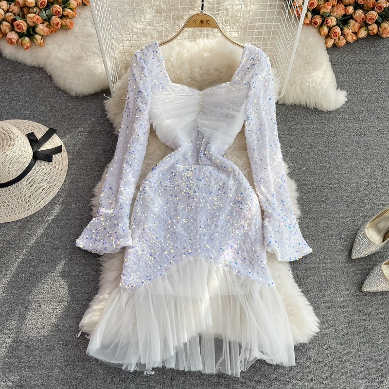 Mesh stitching sexy hip wrap fishtail dress  3744