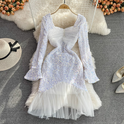 Mesh stitching sexy hip wrap fishtail dress  3744