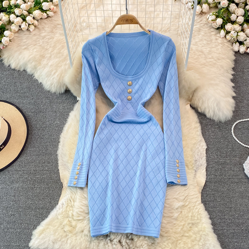 Long sleeve sexy personalized square neck knitted bag hip bottomed dress  3781