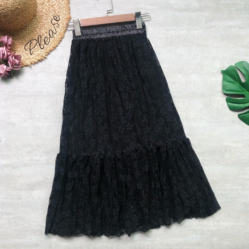 Two-sided to wear, lace patchwork ruffled A-line skirt, high waist puffy pleated skirt  3679