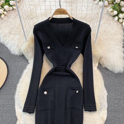 Gold button elastic tight medium length split bottomed buttock knit dress  3751