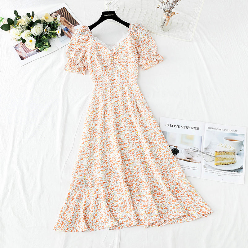 Line shoulder square neck bubble sleeve waist narrow skirt  3738