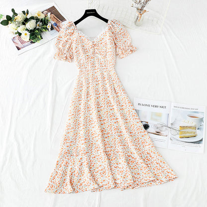 Line shoulder square neck bubble sleeve waist narrow skirt  3738
