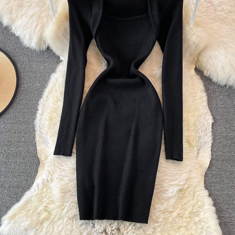 Square neck tight elastic knitted dress  3758
