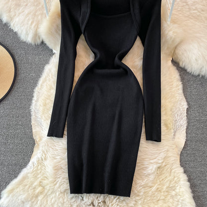 Square neck tight elastic knitted dress  3758