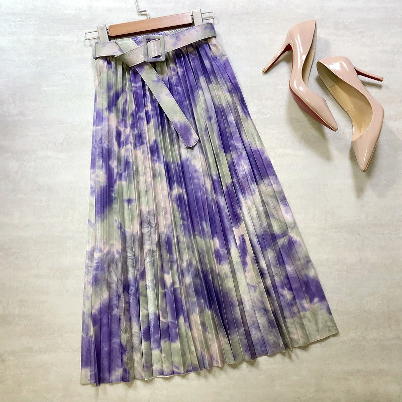 Hot skirt, tie-dyed splashed ink, printed belt, long pleated skirt in the stars  3691