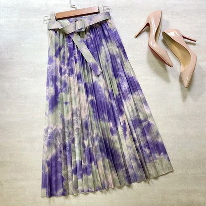 Hot skirt, tie-dyed splashed ink, printed belt, long pleated skirt in the stars  3691