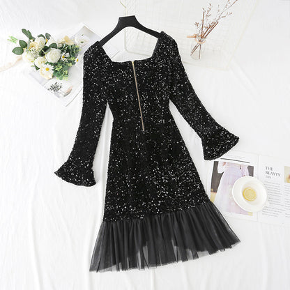 Square neck mesh fairy fishtail Sequin bottomed skirt  4432