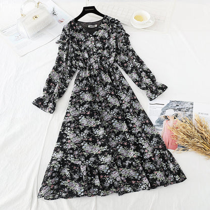 French retro knee Chiffon Long Sleeve Dress  3833