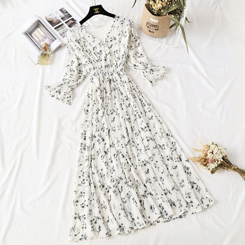French minority Floral Chiffon Dress retro skirt waist slim  4475