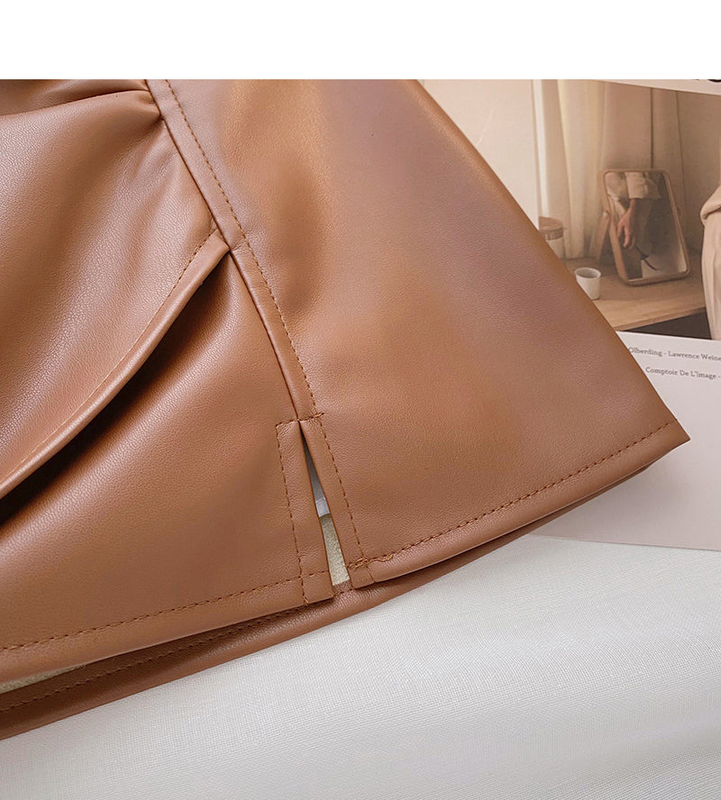 Korean high waist pleated design, irregular, slim, hip wrapped leather skirt  5530