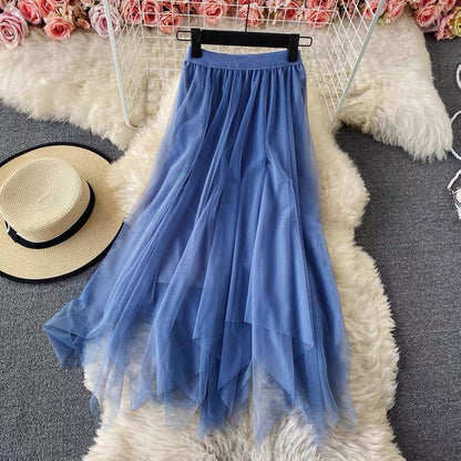Elastic waist irregular mesh skirt, high waist medium long A-line skirt, fairy skirt shaggy skirt  3525
