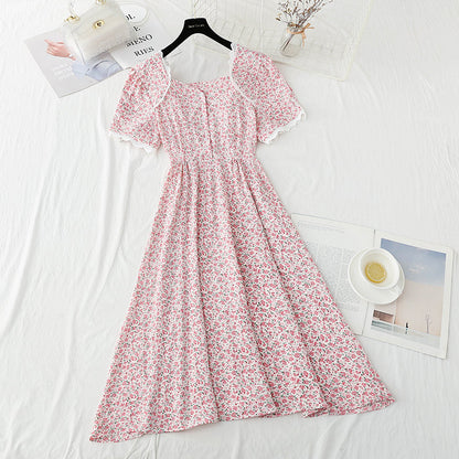 Square collar lace edge sweet floral skirt tea break temperament small skirt  4888