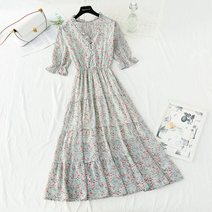 New sweet Floral Chiffon French V-neck slim fairy skirt  4872