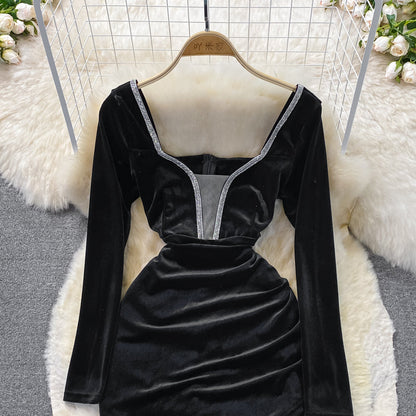V-neck velvet with diamond waist slim sexy hip wrap dress  3742