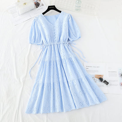 Hook embroidery French retro waist closing long skirt with thin temperament  4221