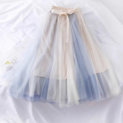 Super fairy, bow tie, high waist slim mesh bouffant skirt, color matching medium length skirt  3601