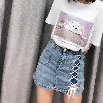 Temperament high waistside lacingstretch hip wrap denim skirt  3717