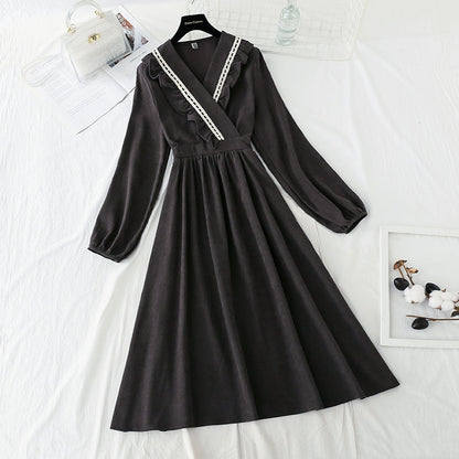 New Ruffle age reducing slim corduroy dress  4753