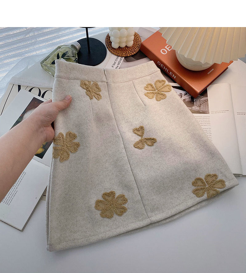 Flocked jacquard retro skirt, slim high waist A-line skirt  5459