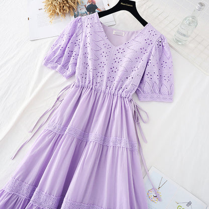 New hollow out Crochet skirt bubble sleeve French fairy dress  4168