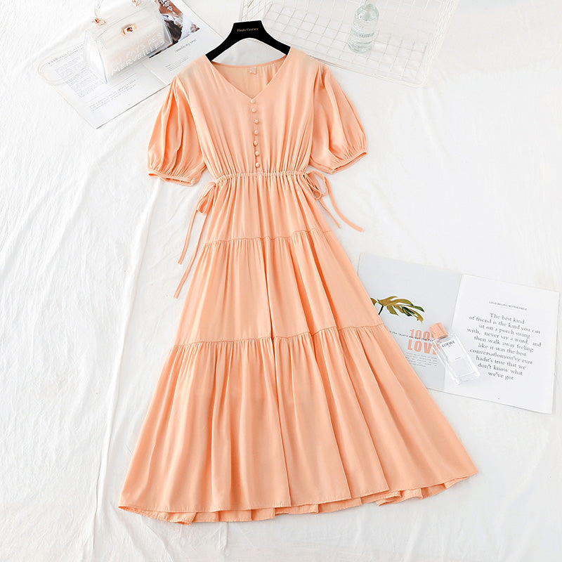The new lace up waist shows thin temperament, French minority retro long skirt  4512