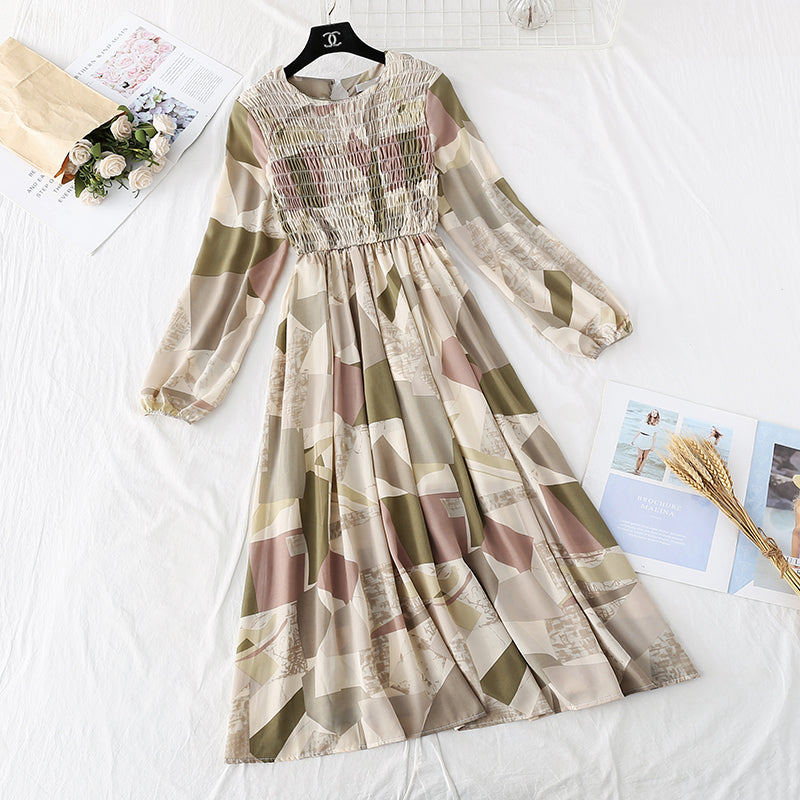 French retro printed pleated long skirt fairy super fairy series  3815